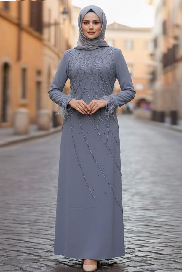 Vêtements hijab GRIS ROBE DE SOIRÉE À PERLES T 8953 - TRENDTESETTÜR