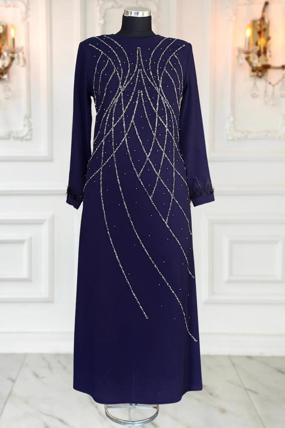 Vêtements hijab BLEU MARINE ROBE DE SOIRÉE À PERLES T 8953