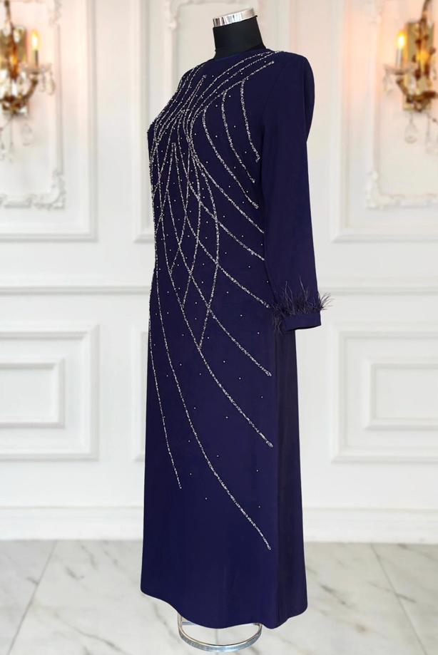 Vêtements hijab BLEU MARINE ROBE DE SOIRÉE À PERLES T 8953 - TRENDTESETTÜR