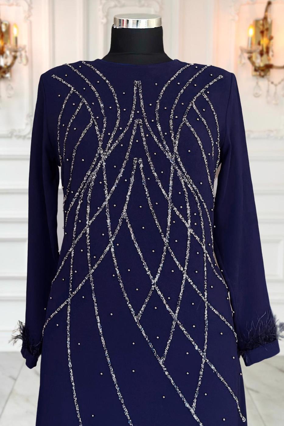 Vêtements hijab BLEU MARINE ROBE DE SOIRÉE À PERLES T 8953