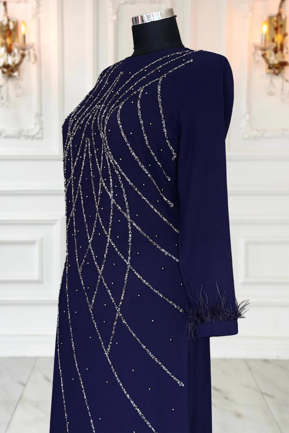 Vêtements hijab BLEU MARINE ROBE DE SOIRÉE À PERLES T 8953