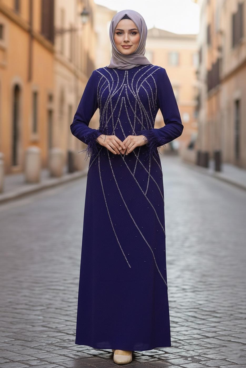 Hijab clothing NAVY BLUE BEADED EVENING DRESS T 8953