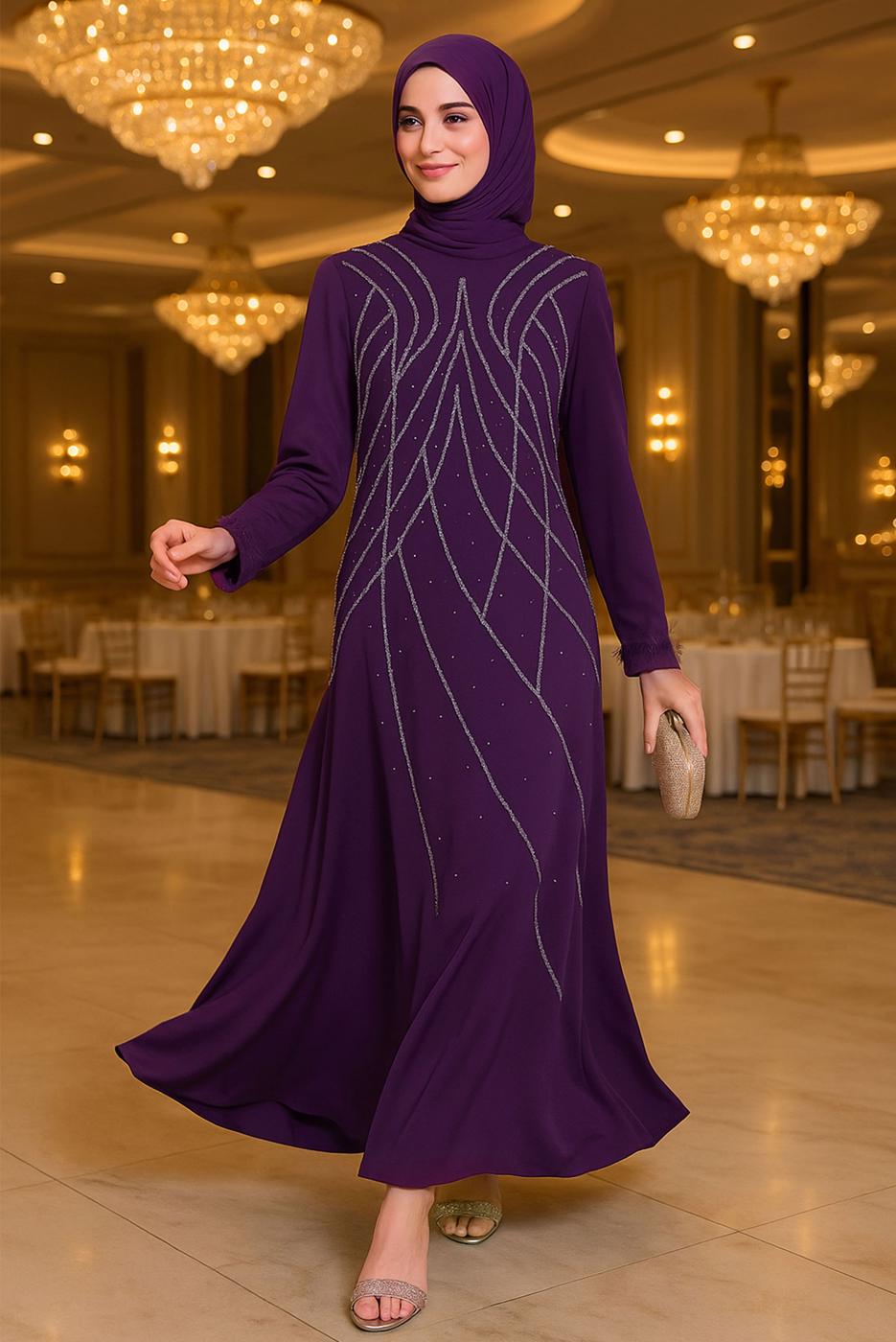 Tesettür giyim MÜRDÜM BONCUK İŞLEMELİ ABİYE ELBİSE T 8953