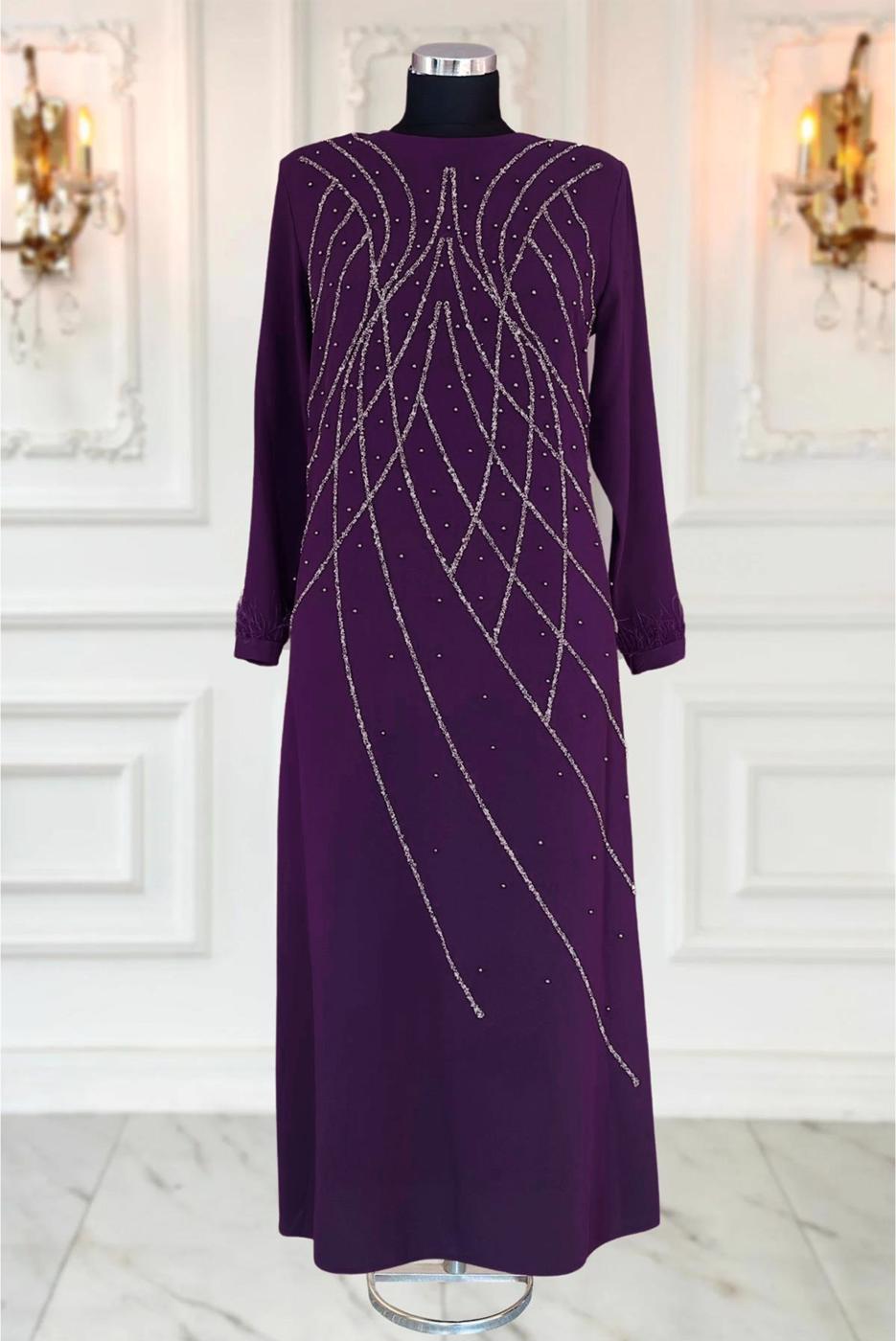 Tesettür giyim MÜRDÜM BONCUK İŞLEMELİ ABİYE ELBİSE T 8953