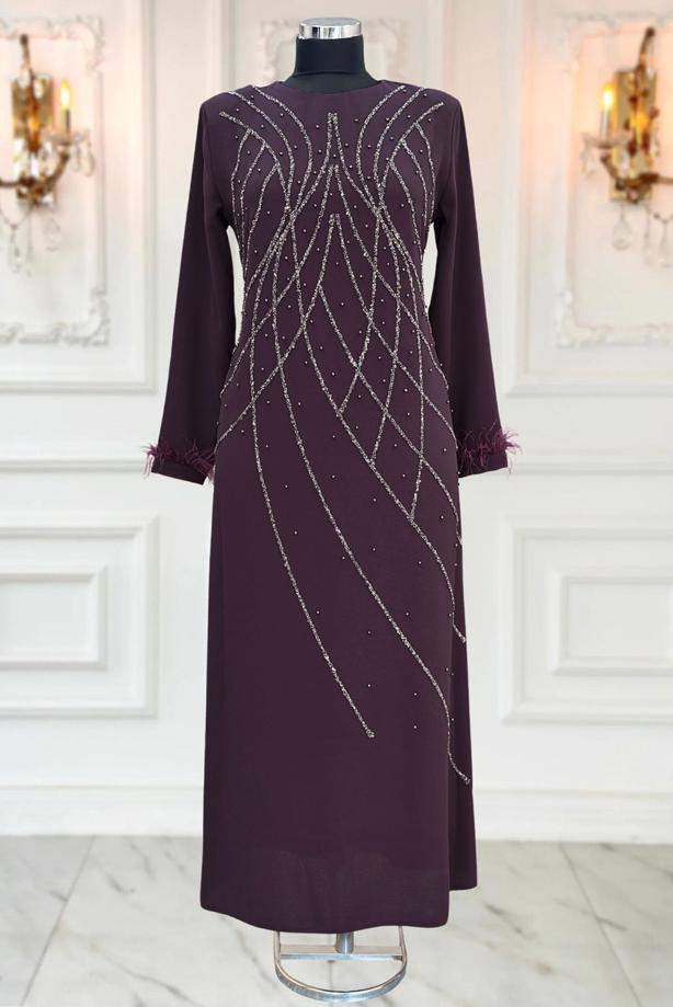 Vêtements hijab POURPRE ROBE DE SOIRÉE À PERLES T 8953 - TRENDTESETTÜR