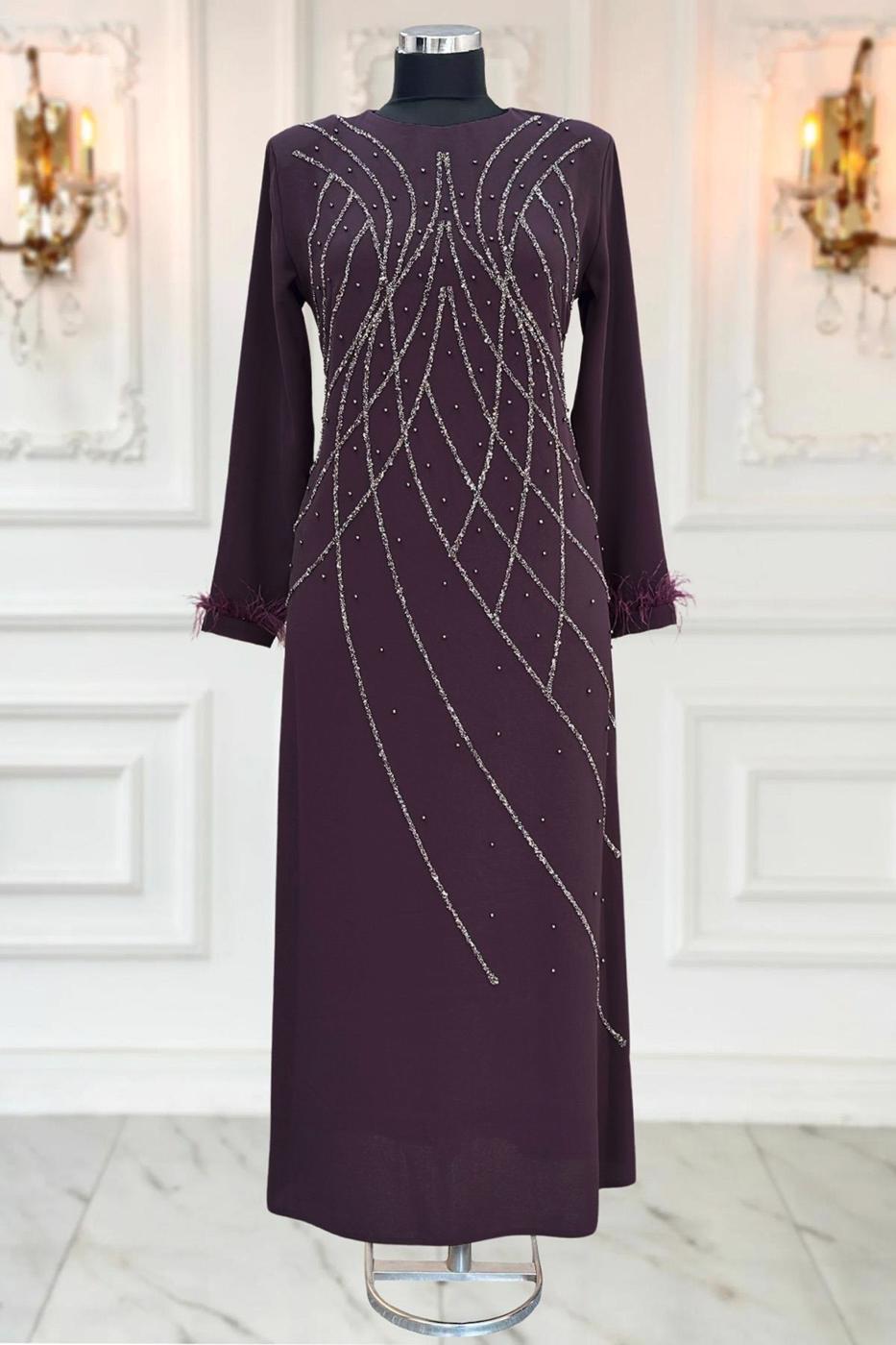 Vêtements hijab POURPRE ROBE DE SOIRÉE À PERLES T 8953