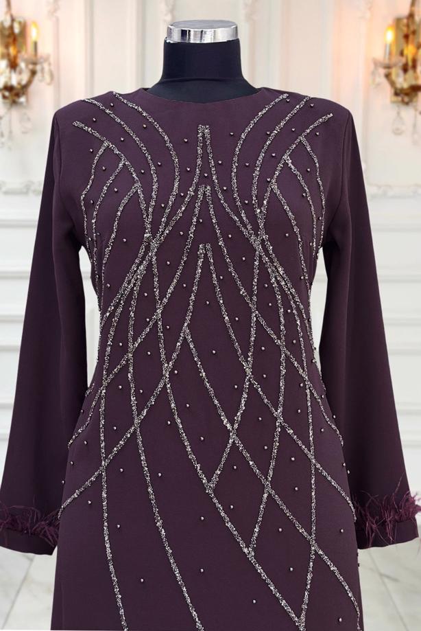Vêtements hijab POURPRE ROBE DE SOIRÉE À PERLES T 8953 - TRENDTESETTÜR