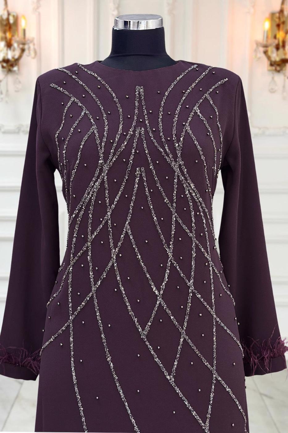 Vêtements hijab POURPRE ROBE DE SOIRÉE À PERLES T 8953