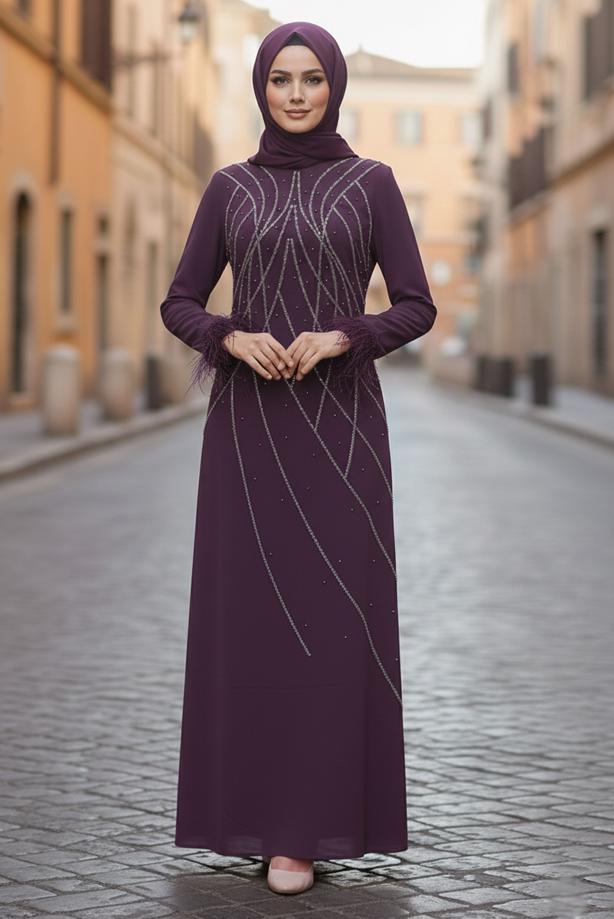 Vêtements hijab POURPRE ROBE DE SOIRÉE À PERLES T 8953 - TRENDTESETTÜR