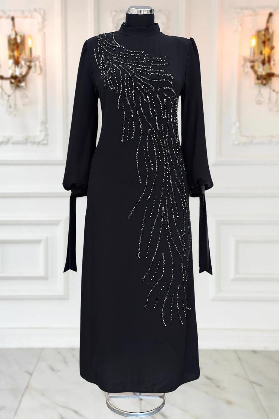 Tesettür giyim SİYAH TAŞLI ABİYE ELBİSE T 9063