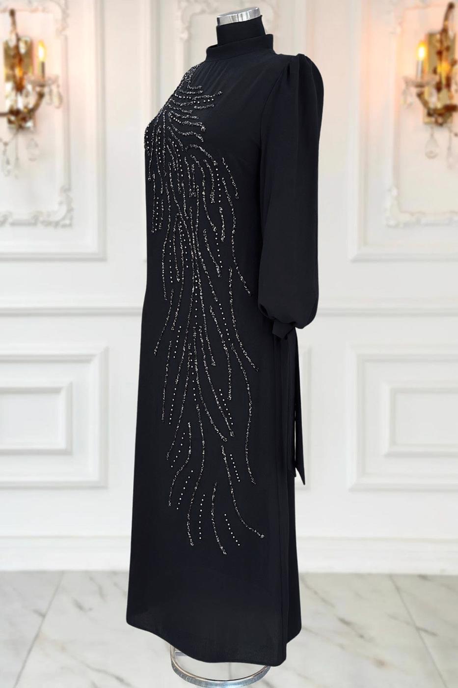 Tesettür giyim SİYAH TAŞLI ABİYE ELBİSE T 9063