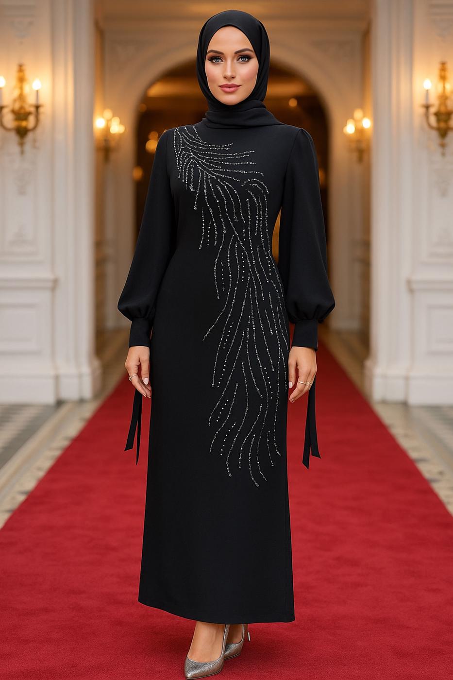 Tesettür giyim SİYAH TAŞLI ABİYE ELBİSE T 9063