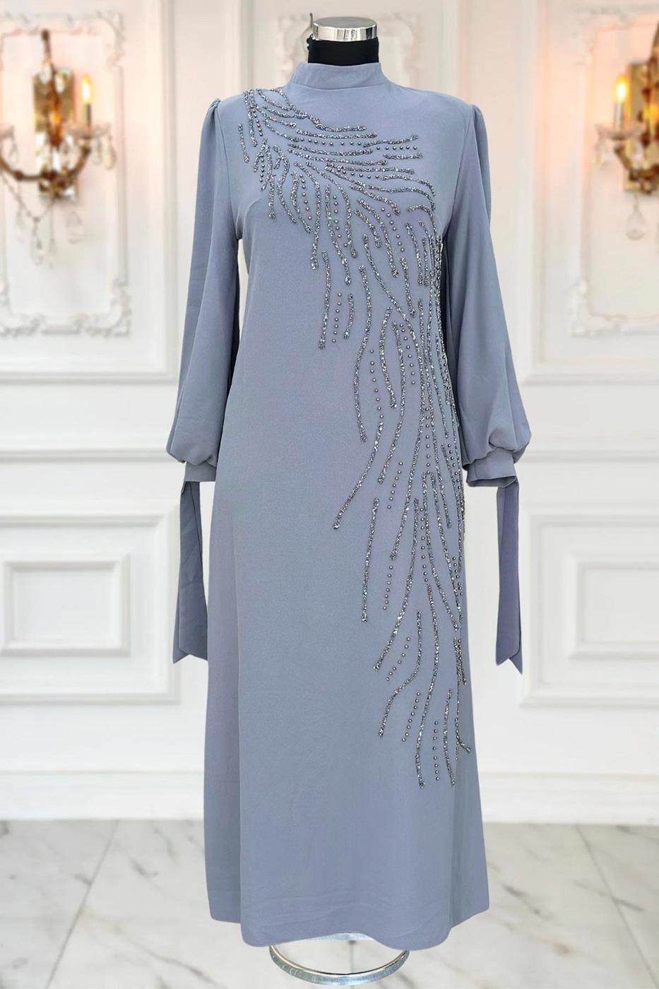 Tesettür giyim GRİ TAŞLI ABİYE ELBİSE T 9063