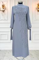 Tesettür giyim GRİ TAŞLI ABİYE ELBİSE T 9063