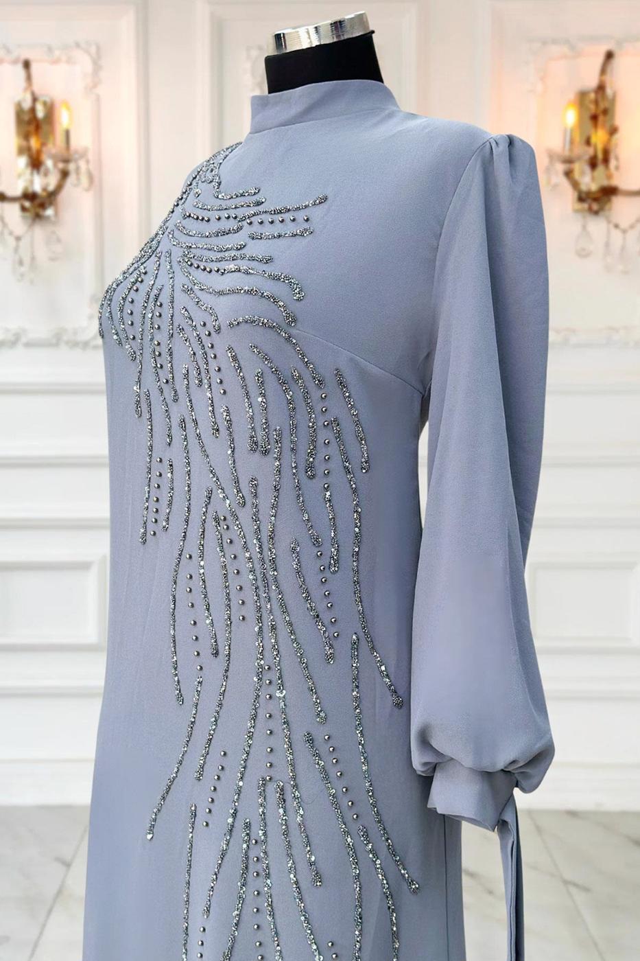 Tesettür giyim GRİ TAŞLI ABİYE ELBİSE T 9063
