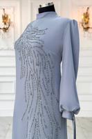 Tesettür giyim GRİ TAŞLI ABİYE ELBİSE T 9063