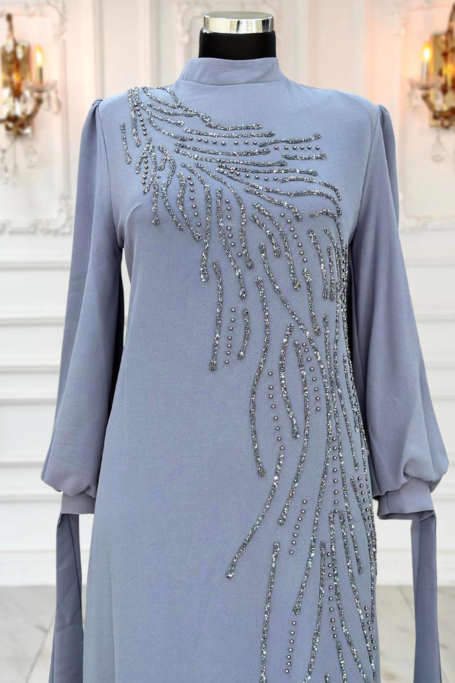 Tesettür giyim GRİ TAŞLI ABİYE ELBİSE T 9063