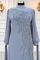 Tesettür giyim GRİ TAŞLI ABİYE ELBİSE T 9063