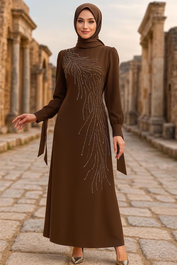 Vêtements hijab BRUN ROBE DE SOIRÉE BRODÉE DE PIERRES PRÉCIEUSES T 9063 - TRENDTESETTÜR