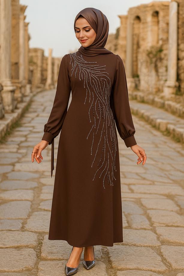 Vêtements hijab BRUN ROBE DE SOIRÉE BRODÉE DE PIERRES PRÉCIEUSES T 9063 - TRENDTESETTÜR
