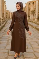 Tesettür giyim KAHVE TAŞLI ABİYE ELBİSE T 9063