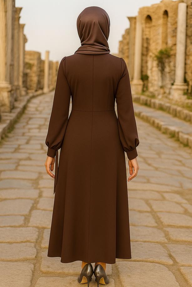 Vêtements hijab BRUN ROBE DE SOIRÉE BRODÉE DE PIERRES PRÉCIEUSES T 9063 - TRENDTESETTÜR