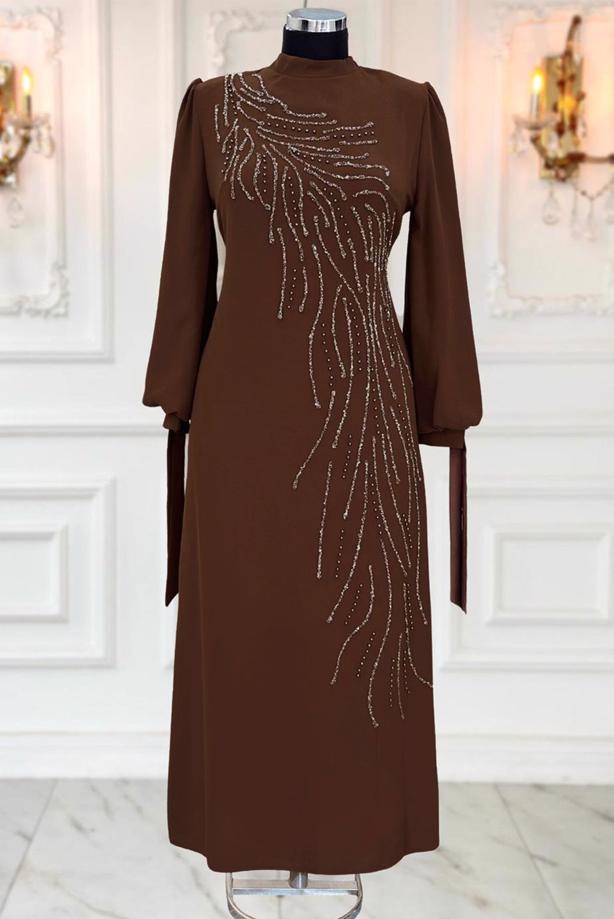 Vêtements hijab BRUN ROBE DE SOIRÉE BRODÉE DE PIERRES PRÉCIEUSES T 9063 - TRENDTESETTÜR