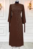 Tesettür giyim KAHVE TAŞLI ABİYE ELBİSE T 9063