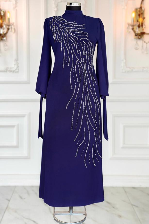Vêtements hijab BLEU MARINE ROBE DE SOIRÉE BRODÉE DE PIERRES PRÉCIEUSES T 9063 - TRENDTESETTÜR