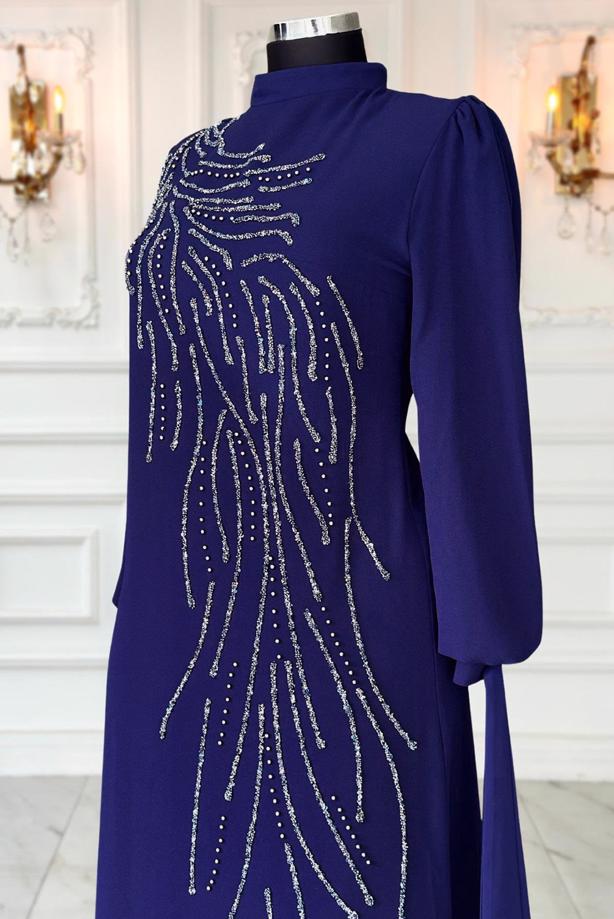 Vêtements hijab BLEU MARINE ROBE DE SOIRÉE BRODÉE DE PIERRES PRÉCIEUSES T 9063 - TRENDTESETTÜR
