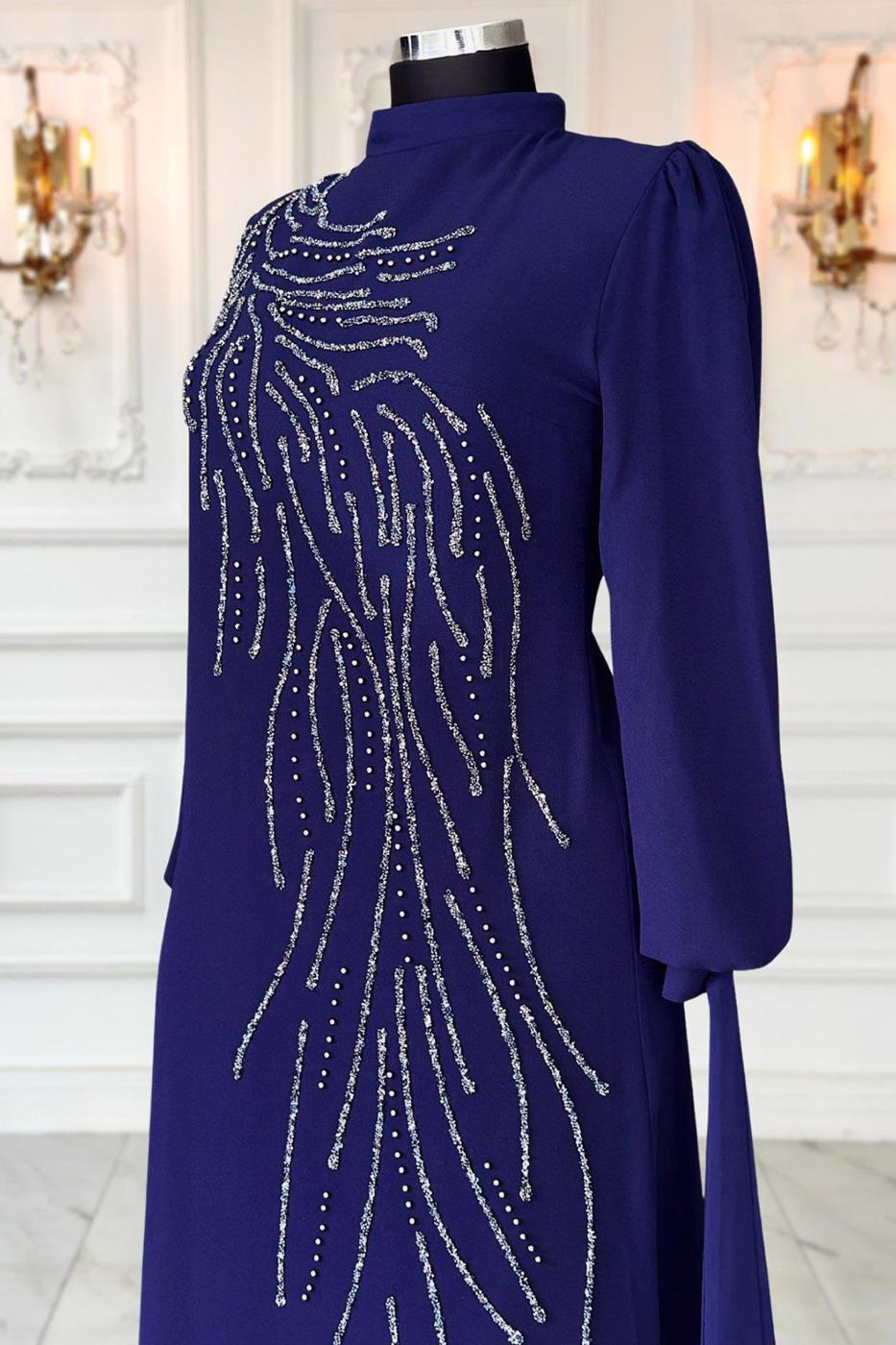 Tesettür giyim LACİVERT TAŞLI ABİYE ELBİSE T 9063