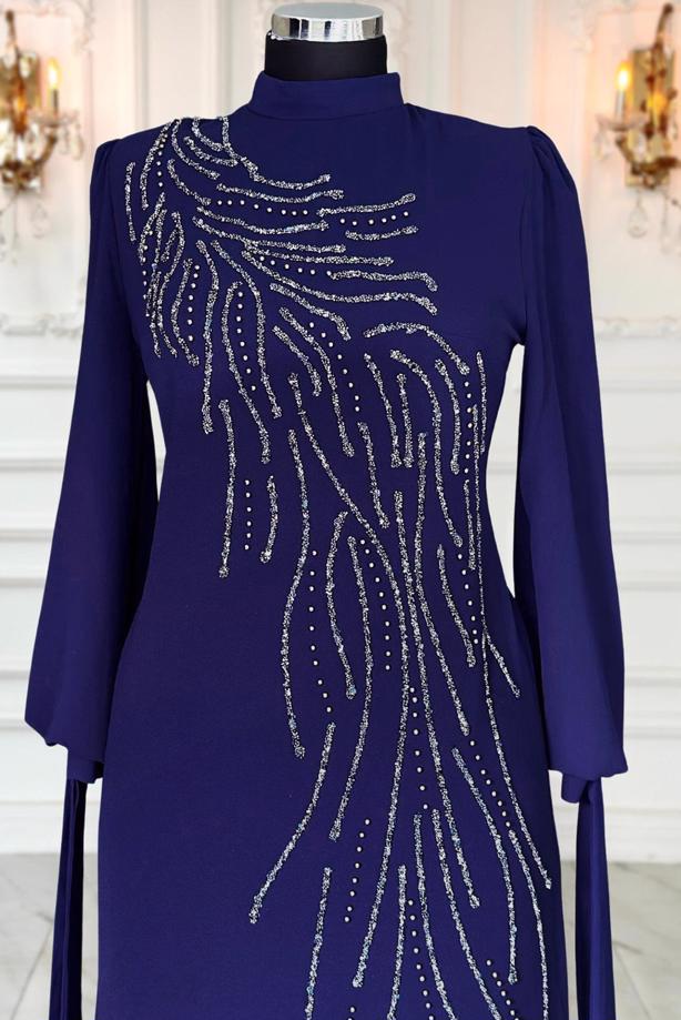 Vêtements hijab BLEU MARINE ROBE DE SOIRÉE BRODÉE DE PIERRES PRÉCIEUSES T 9063 - TRENDTESETTÜR