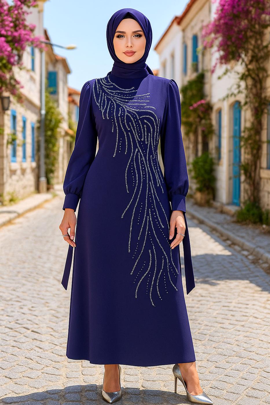 Tesettür giyim LACİVERT TAŞLI ABİYE ELBİSE T 9063
