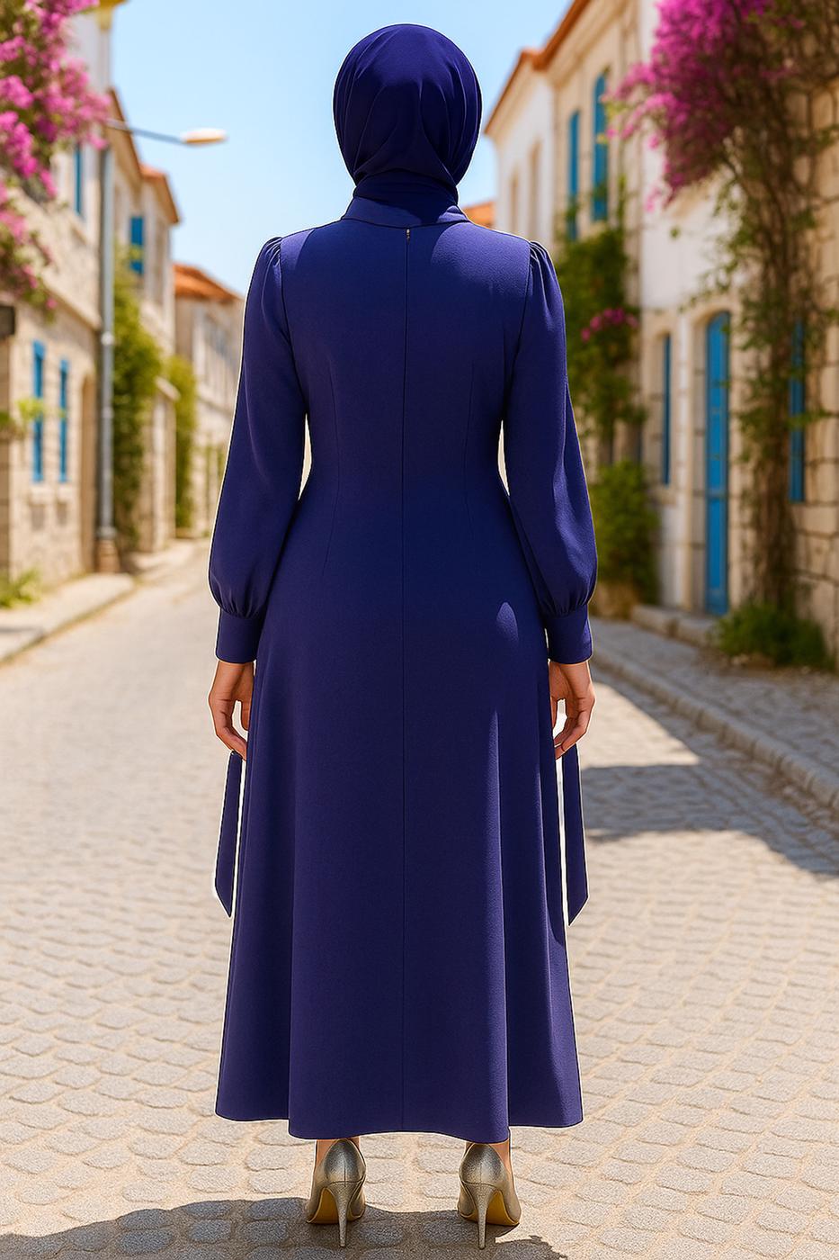 Tesettür giyim LACİVERT TAŞLI ABİYE ELBİSE T 9063