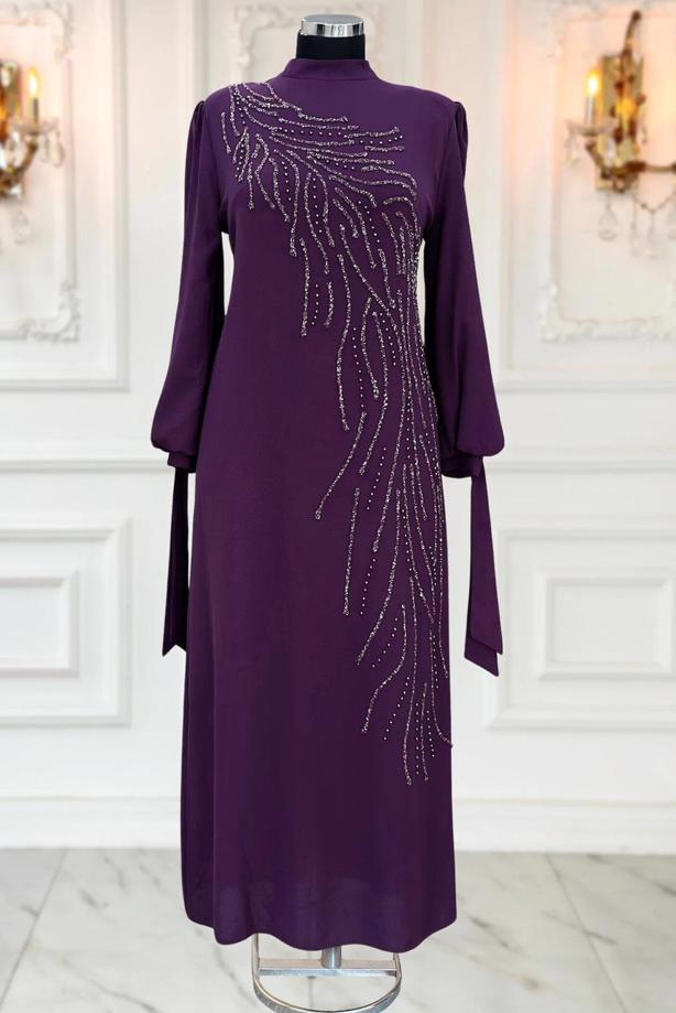 Vêtements hijab PRUNE ROBE DE SOIRÉE BRODÉE DE PIERRES PRÉCIEUSES T 9063 - TRENDTESETTÜR