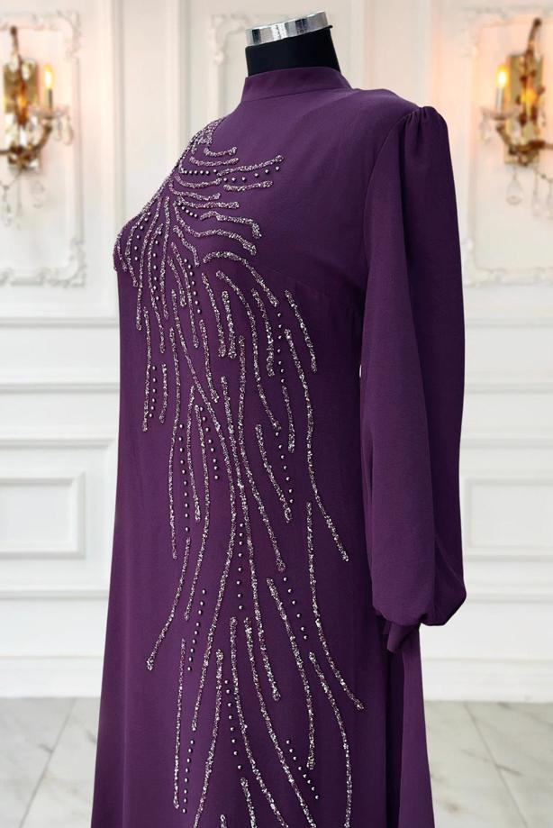Vêtements hijab PRUNE ROBE DE SOIRÉE BRODÉE DE PIERRES PRÉCIEUSES T 9063 - TRENDTESETTÜR