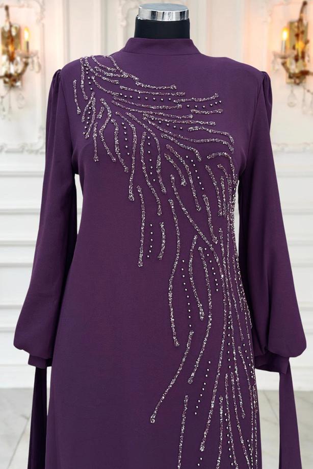 Vêtements hijab PRUNE ROBE DE SOIRÉE BRODÉE DE PIERRES PRÉCIEUSES T 9063 - TRENDTESETTÜR