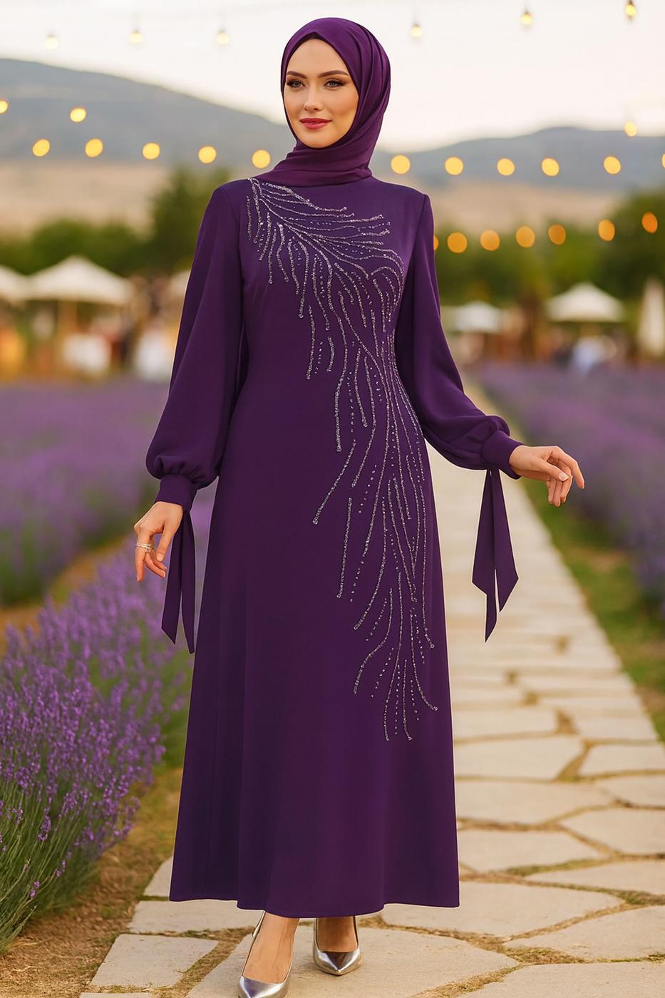 Hijab clothing PLUM GEM EMBROIDERED EVENING DRESS T 9063