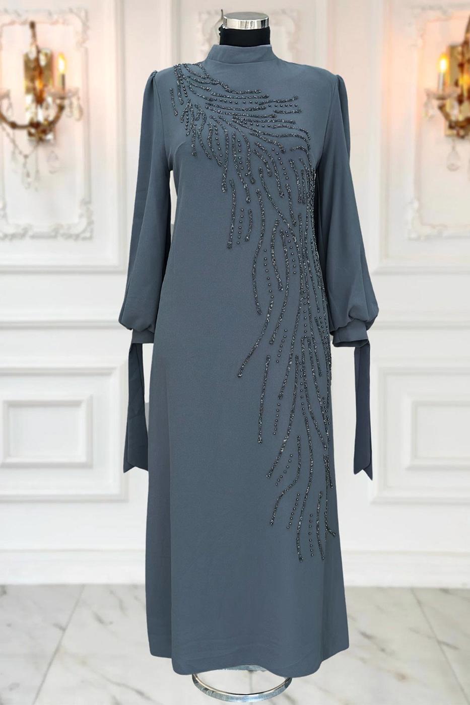 Tesettür giyim GRİ TAŞLI ABİYE ELBİSE T 9063