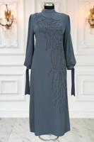 Tesettür giyim GRİ TAŞLI ABİYE ELBİSE T 9063