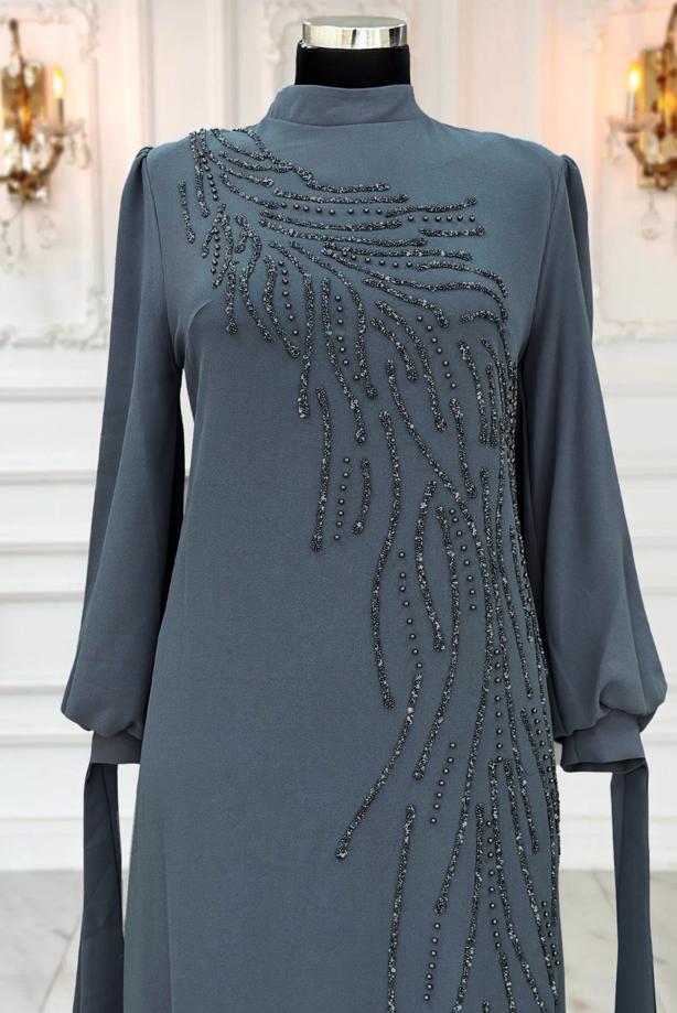 Vêtements hijab GRIS ROBE DE SOIRÉE BRODÉE DE PIERRES PRÉCIEUSES T 9063 - TRENDTESETTÜR