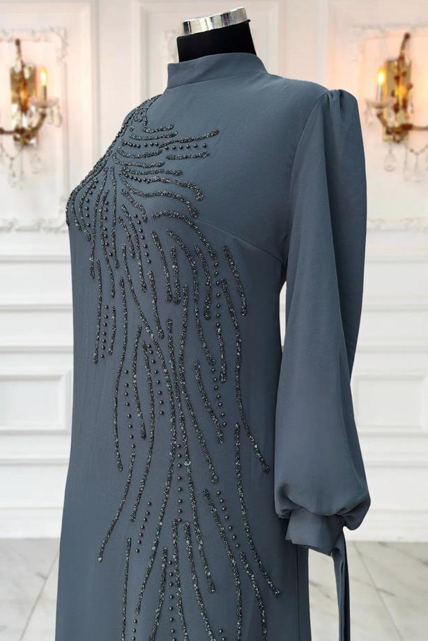 Vêtements hijab GRIS ROBE DE SOIRÉE BRODÉE DE PIERRES PRÉCIEUSES T 9063 - TRENDTESETTÜR