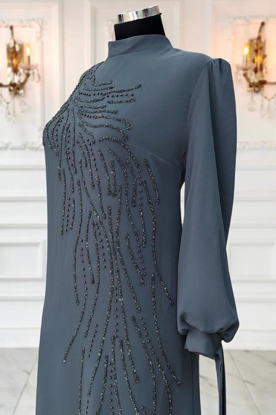 Tesettür giyim GRİ TAŞLI ABİYE ELBİSE T 9063