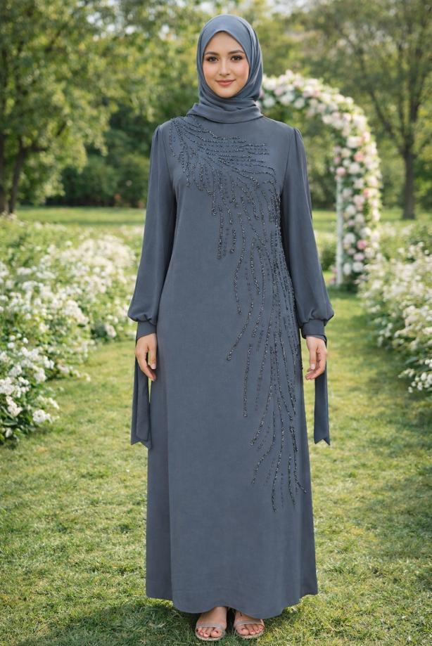 Vêtements hijab GRIS ROBE DE SOIRÉE BRODÉE DE PIERRES PRÉCIEUSES T 9063 - TRENDTESETTÜR