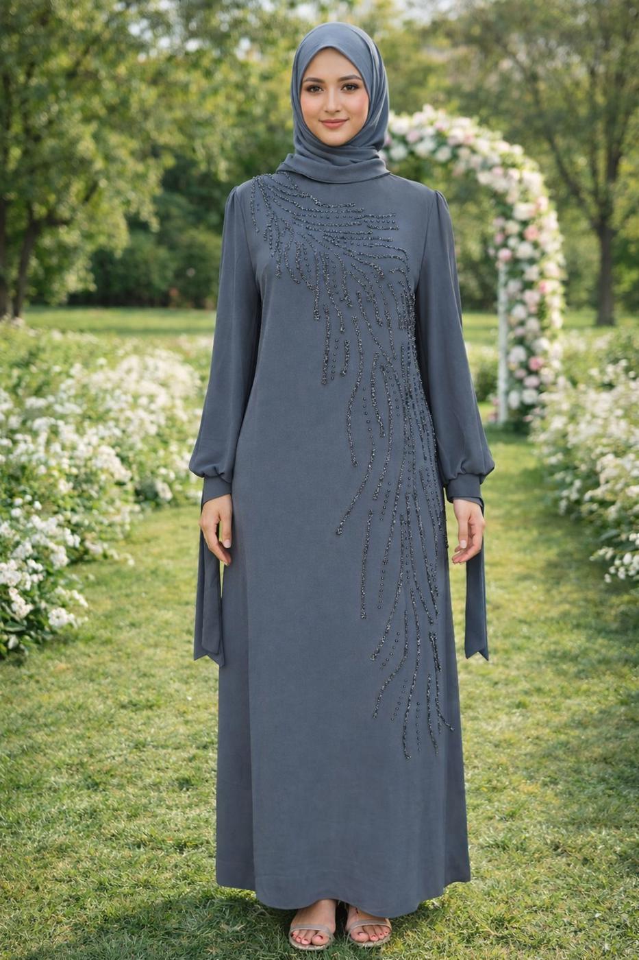 Tesettür giyim GRİ TAŞLI ABİYE ELBİSE T 9063