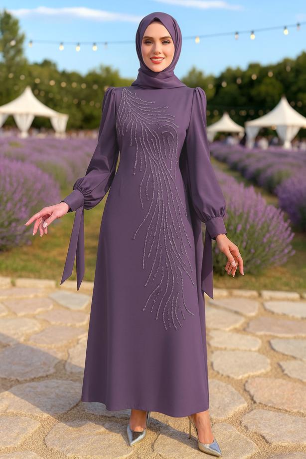 Vêtements hijab POURPRE ROBE DE SOIRÉE BRODÉE DE PIERRES PRÉCIEUSES T 9063 - TRENDTESETTÜR