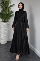 Tesettür giyim SİYAH BAĞLAMA DETAYLI ABİYE ELBİSE T 9126
