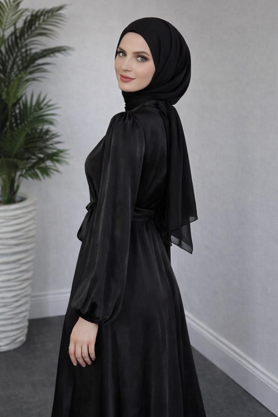 Tesettür giyim SİYAH BAĞLAMA DETAYLI ABİYE ELBİSE T 9126