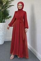 Tesettür giyim KIRMIZI BAĞLAMA DETAYLI ABİYE ELBİSE T 9126