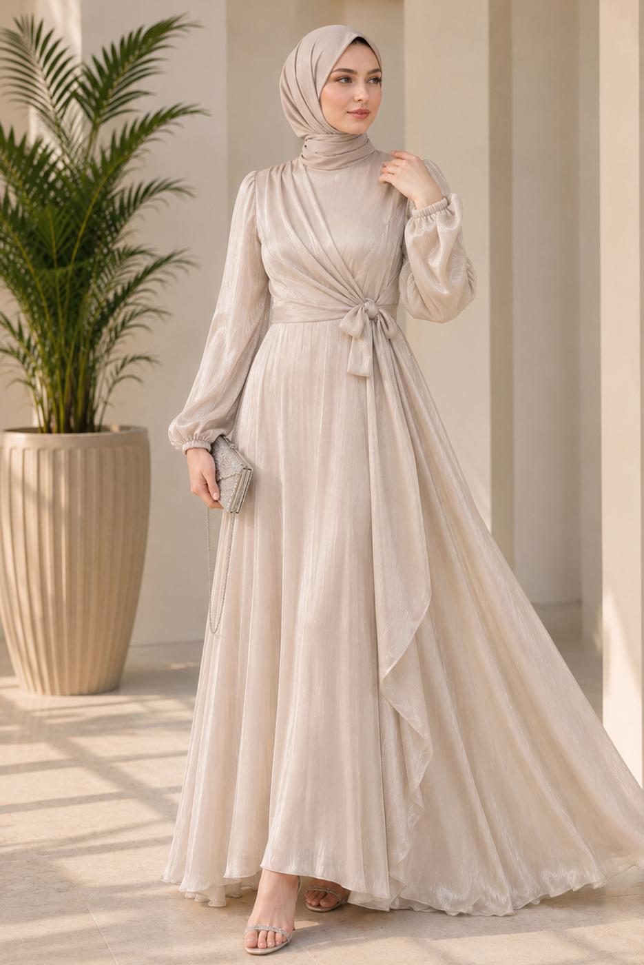 Hijab clothing BEIGE TIED EVENING DRESS T 9126